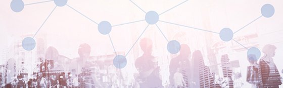 Image with outlines of persons, buildings and a network